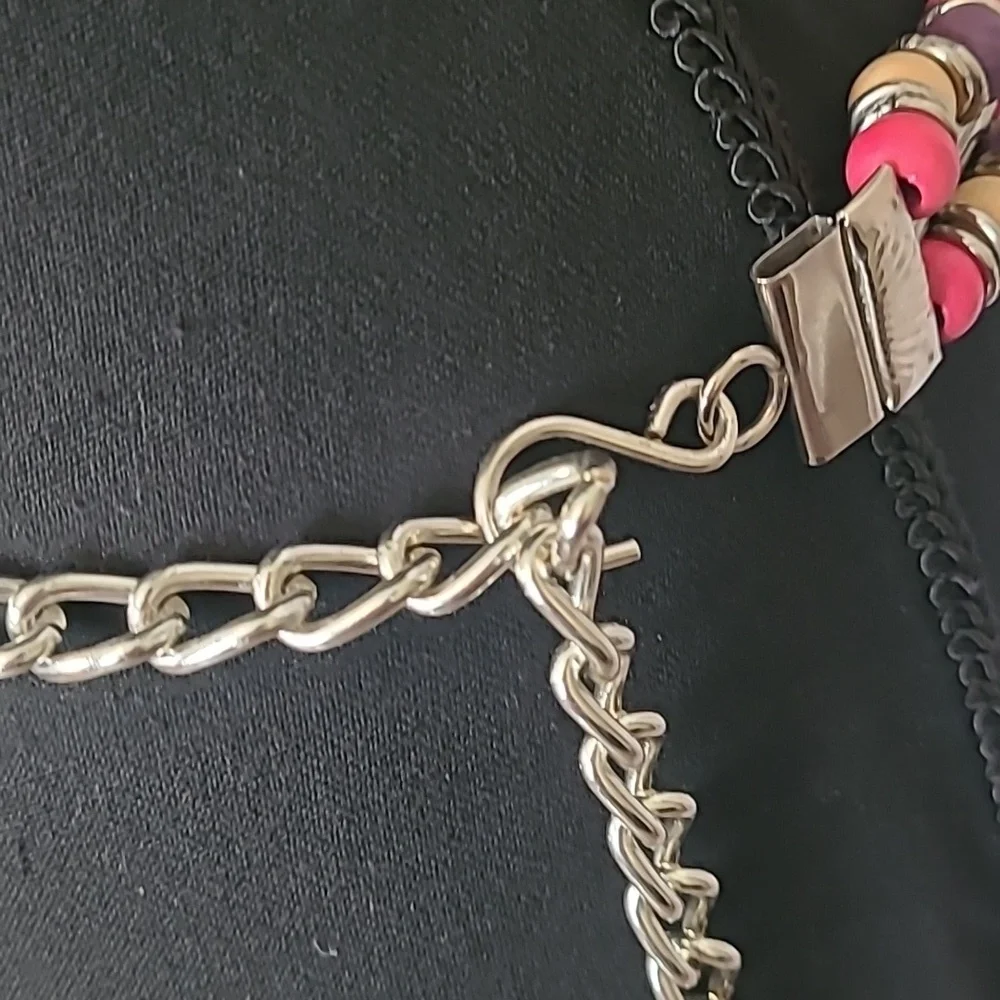 Multicolor Chain Belt Beaded Silver Medallion Artsy 80's Retro